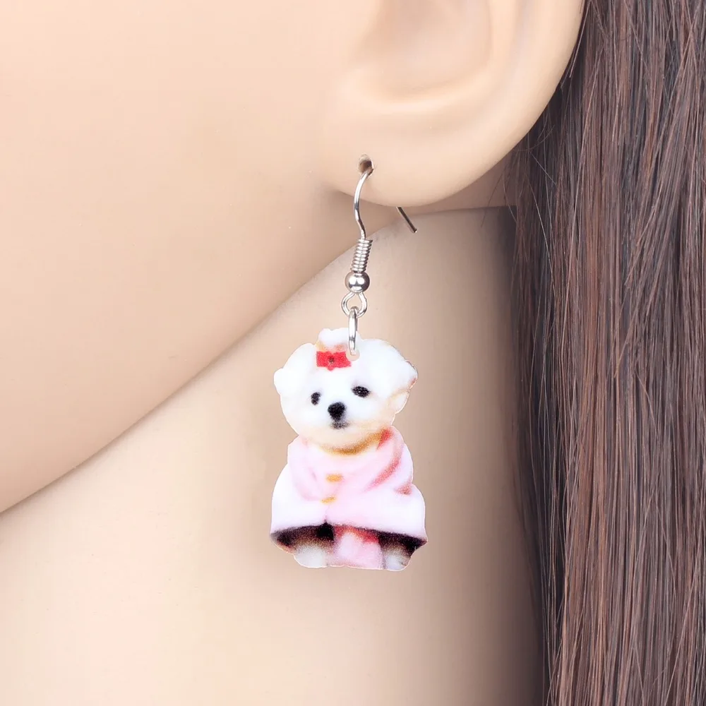 Bonsny Acrylic Jewelry Sets Cute West Highland White Terrier Necklace Earrings Fashion Pendant For Women Girls Gift Accessories | Украшения