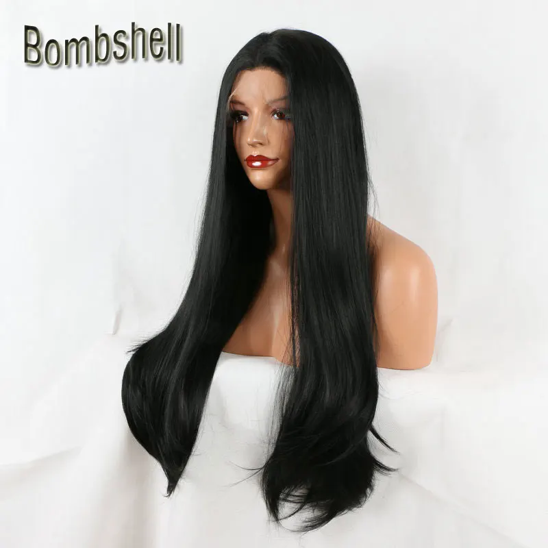 Bombshell 180% плотность 22-26 дюймов длинный шелковистый прямой черный синтетический парик на кружеве бесклеевое Термостойкое волокно для женщин