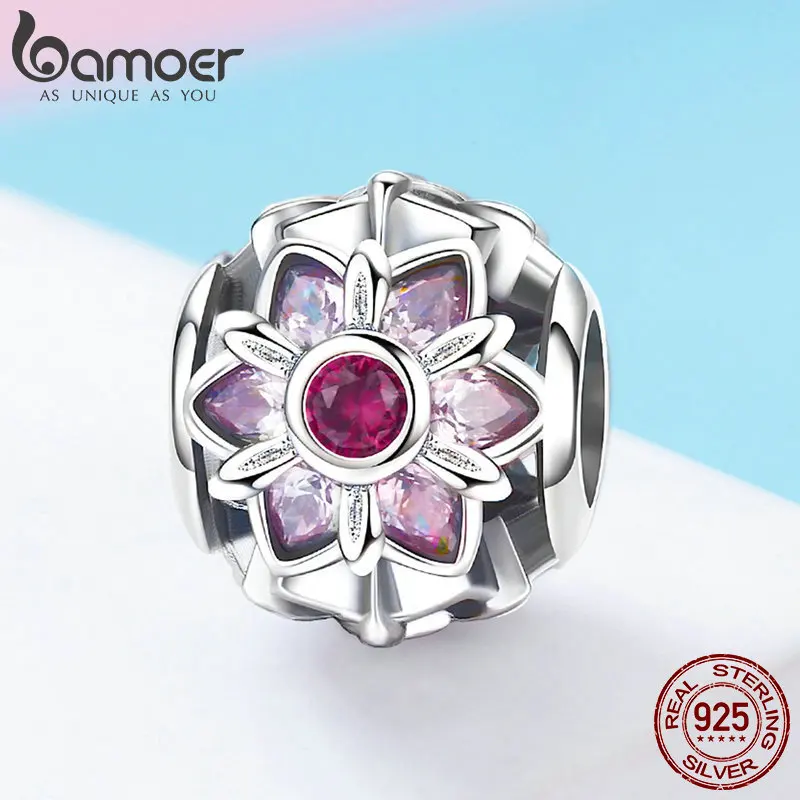 BAMOER 925 пробы Серебряный Кристалл цветок розовый CZ цветок бусины подходят для женщин браслеты с подвесками DIY ювелирные изделия подарок подруге SCC839