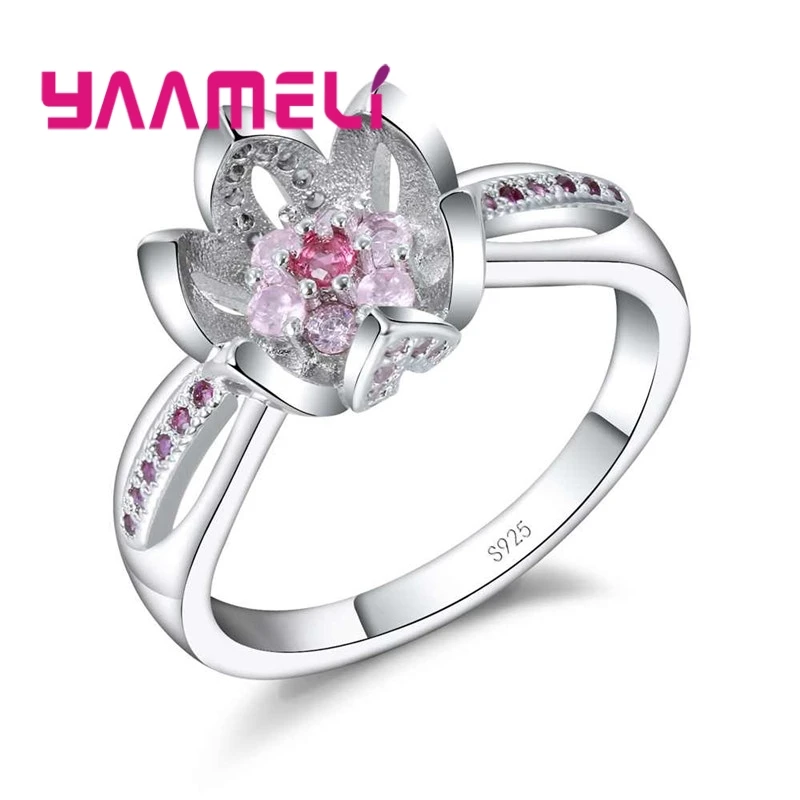 

Pure 925 Sterling Silver Sparkling Princess Wedding Rings Zircon Lotus Flower Design Jewelry For Women Engagement Gift