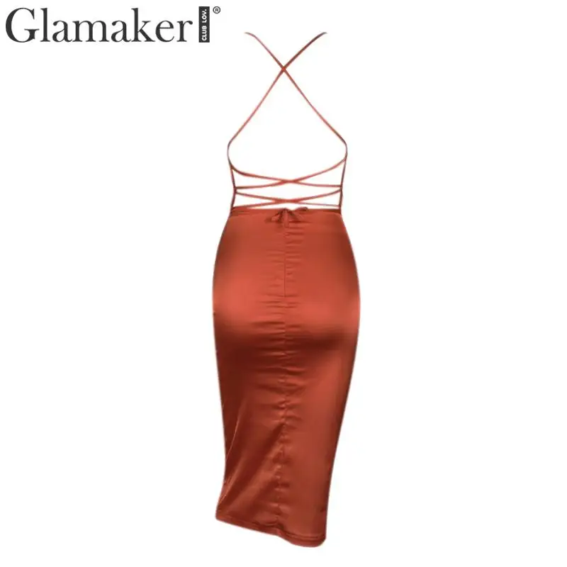 Glamaker сатиновое платье с бретелькой через шею, на шнуровке, с v-образным вырезом, тонкое платье миди, женское платье с открытыми плечами и открытой спиной, облегающее платье, женское элегантное сексуальное летнее платье