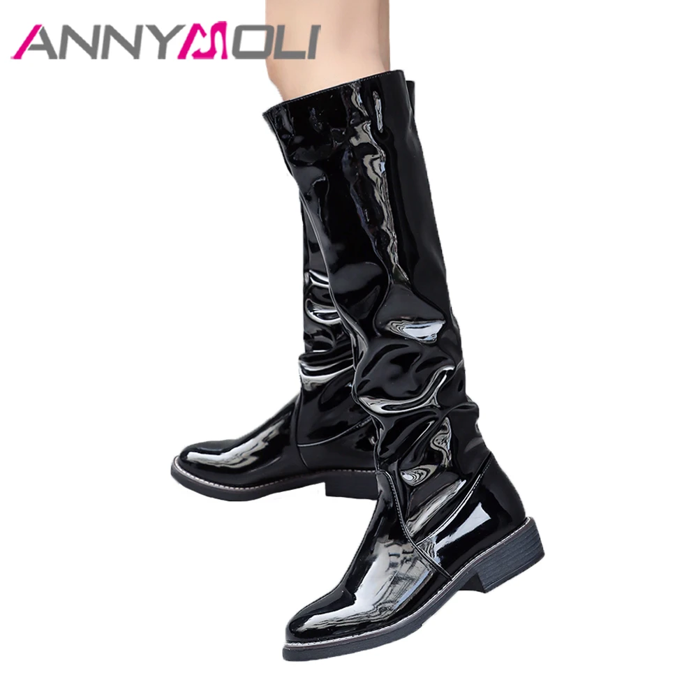 

ANNYMOLI Patent Leather Winter Boots Knee High Boots Women Square Heel Pleated Boots Fashion Female Tall Shoes Black Size 42 43