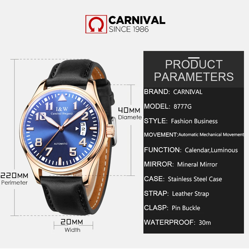 

CARNIVAL Luxury Fashion Automatic Mechanical Men Watch Business Casual Leather Waterproof Luminous relogio TopBrand Montre Homme