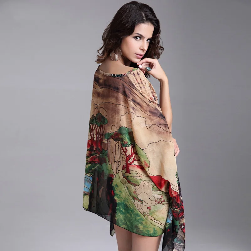 Повседневная шифоновая блузка с рукавом летучая мышь и принтом женская одежда 2020