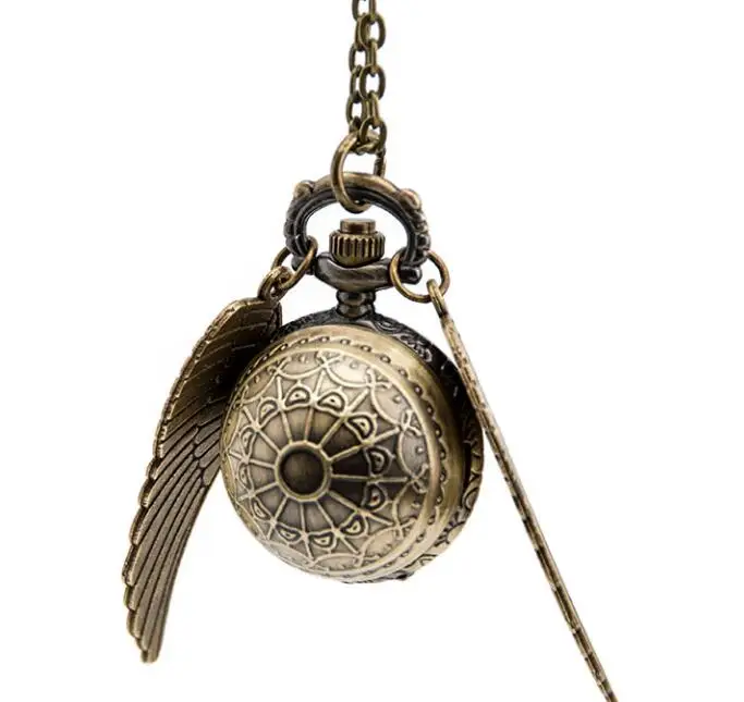 

Golden Snitch Bronze antiques Big wings quartz pendant Necklace pocket watches gift