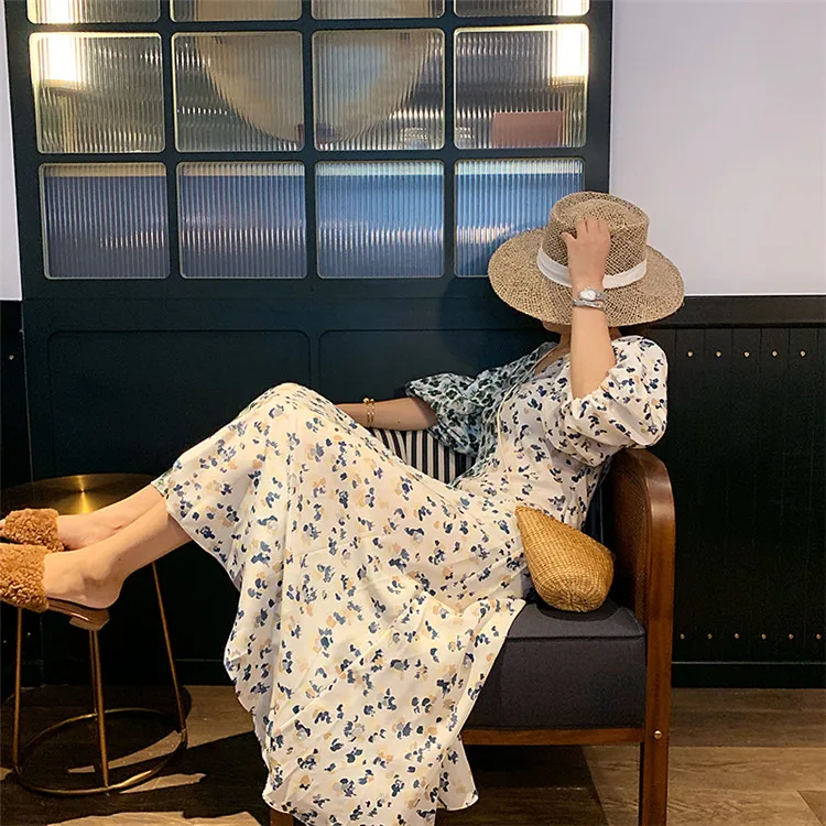 2019 Summer Deep V-neck Chiffon dress Puff Sleeve flower print Long Dress contrast color symmetry Vintage Fashion maxi M | Женская