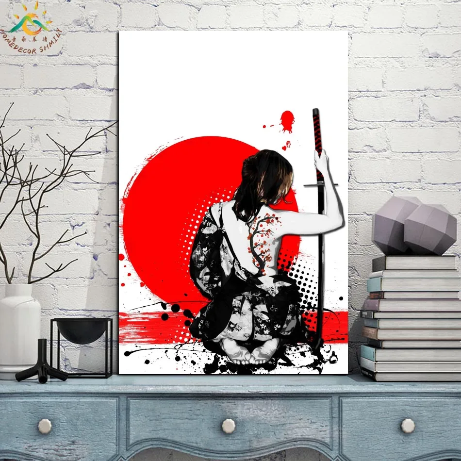 Janpan Art Woman Warrior Back Framed Scroll Painting Современный арт принт на холсте плакат настенная