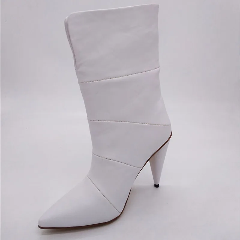 New spike high heels snow boots women pointed toe mid calf slip on winter shoes white black runway lady party dress boots