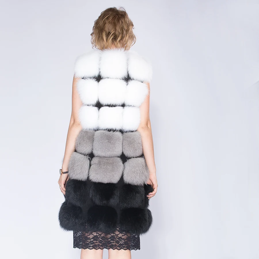 90 cm Real Fox Fur Vest Natural Whole Fur Coat Women Winter Standard Sleeveless Button Design grid  Fox Fur Vest Plus Size enlarge