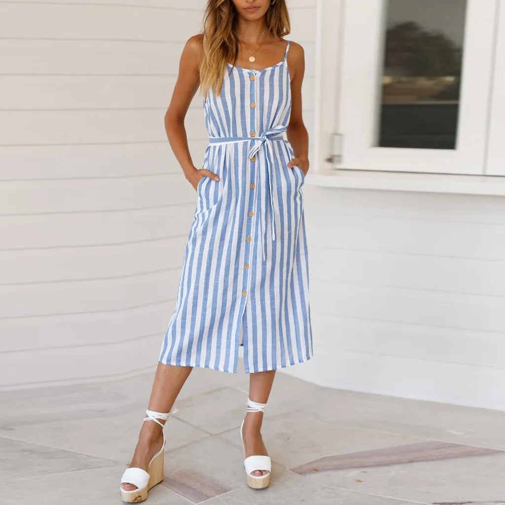 2019 летнее платье модное женское Бохо Полосатое без рукавов с круглым вырезом