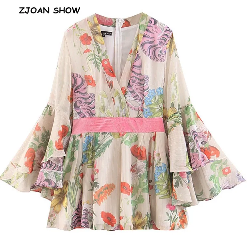 Женский короткий комбинезон с v-образным вырезом и цветочным принтом шифоновый