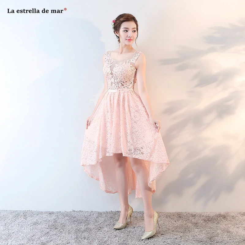 Vestido madrinha Новинка года кружево бриллиантами открытой спиной Персик Высокая Низкая платья подружек невесты чай Длина Гаун pesta dewasa на заказ