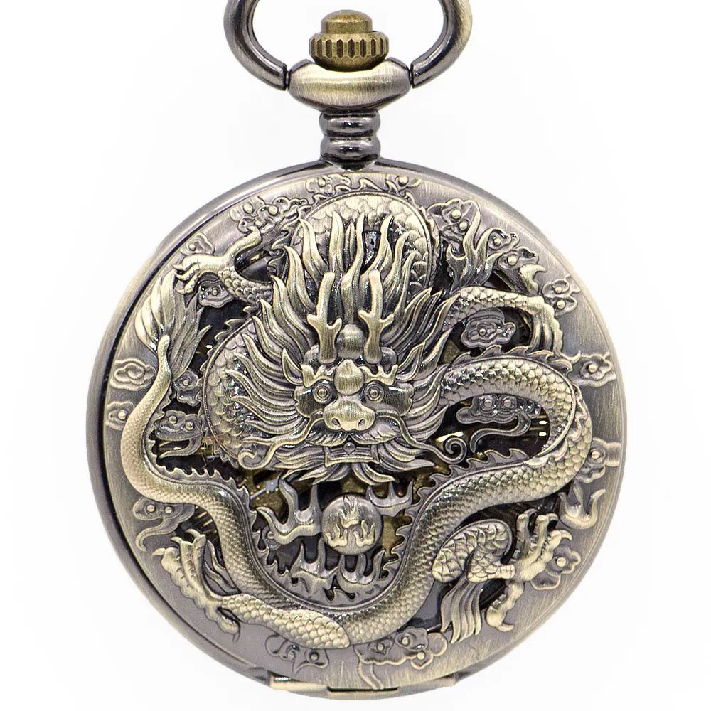 

5pcs Drop Shipping Fashion Mens Pocket Watches Mechanical Hand Wind Casual Fob Watch Dragon Logo Carving Mens Gift Watches