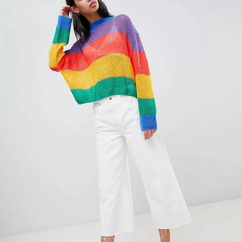 Women Big Size Rainbow Short Sweaters Pullovers Autumn Knitted Fashion Transparent Sexy Jumper | Женская одежда
