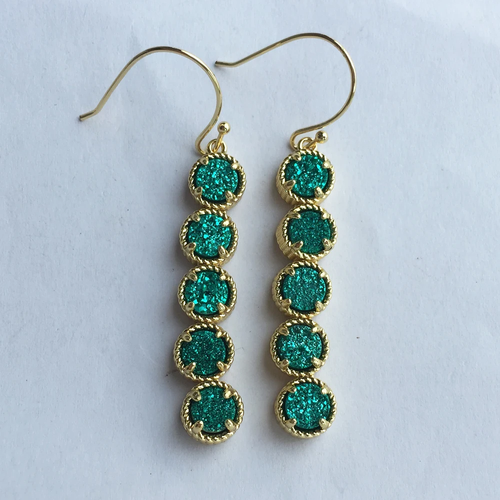 

BOROSA Jewelry Design Japanese Opal Earrings Gold color Equidistant Five Natural Turquoises Rainbow Gems Druzy Drop Earrings