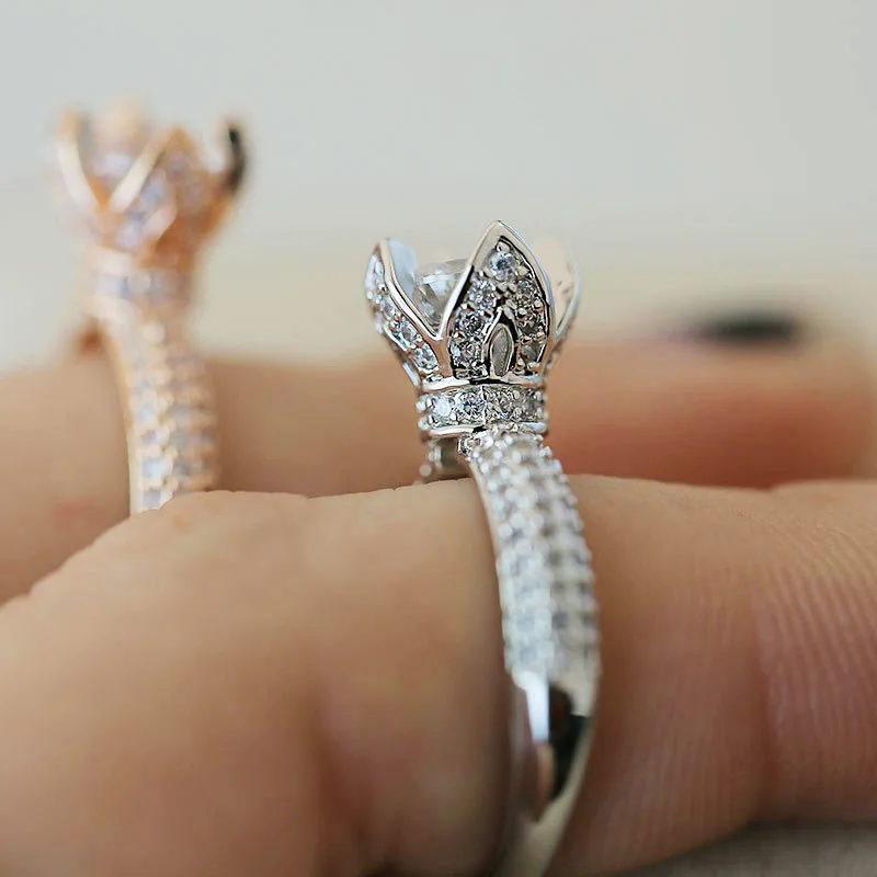 Luxury Female Snowflake Ring Fashion Yellow Rose Gold Color with Big Crystal Zircon Stone Vintage Wedding Rings For Women | Украшения и