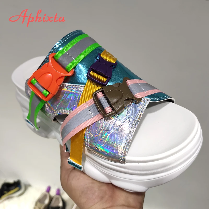 Сланцы Aphixta женские платформа каблук блестки высокие танкетки пряжка летняя