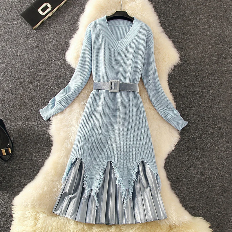 Длинное платье-свитер в рубчик комплект из 2 предметов плиссированная юбка с