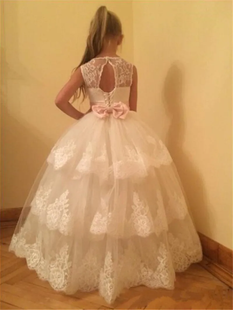 Ivory White Ball Gown Girls First Communion Dress Beaded Lace Tiered Tulle Flower Dresses Pageant Custom Made | Детская одежда и