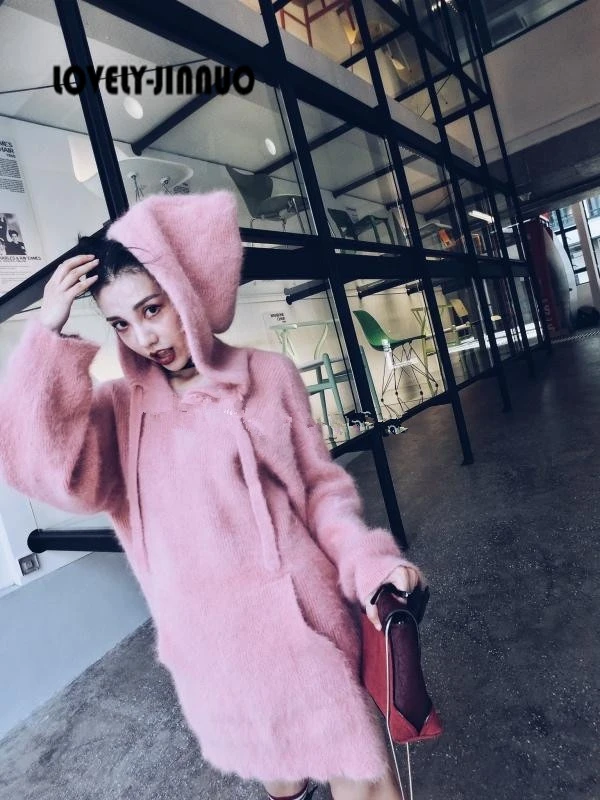 Женский пушистый кашемировый свитер с карманами вязаный пуловер капюшоном