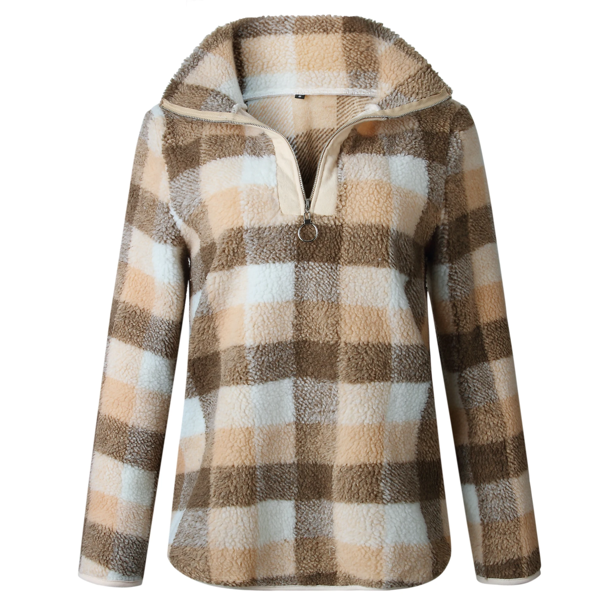 2019 Women Long Sleeve 1/4 Zipper Lapel Fleece Pullover Sweater shirt Warm Plaid Fluffy Hoodies Sherpa Knit Soft Outwear Coat | Женская