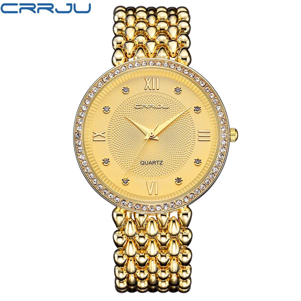 Часы CRRJU женские золотистые со стразами брендовые модные наручные Роскошные с