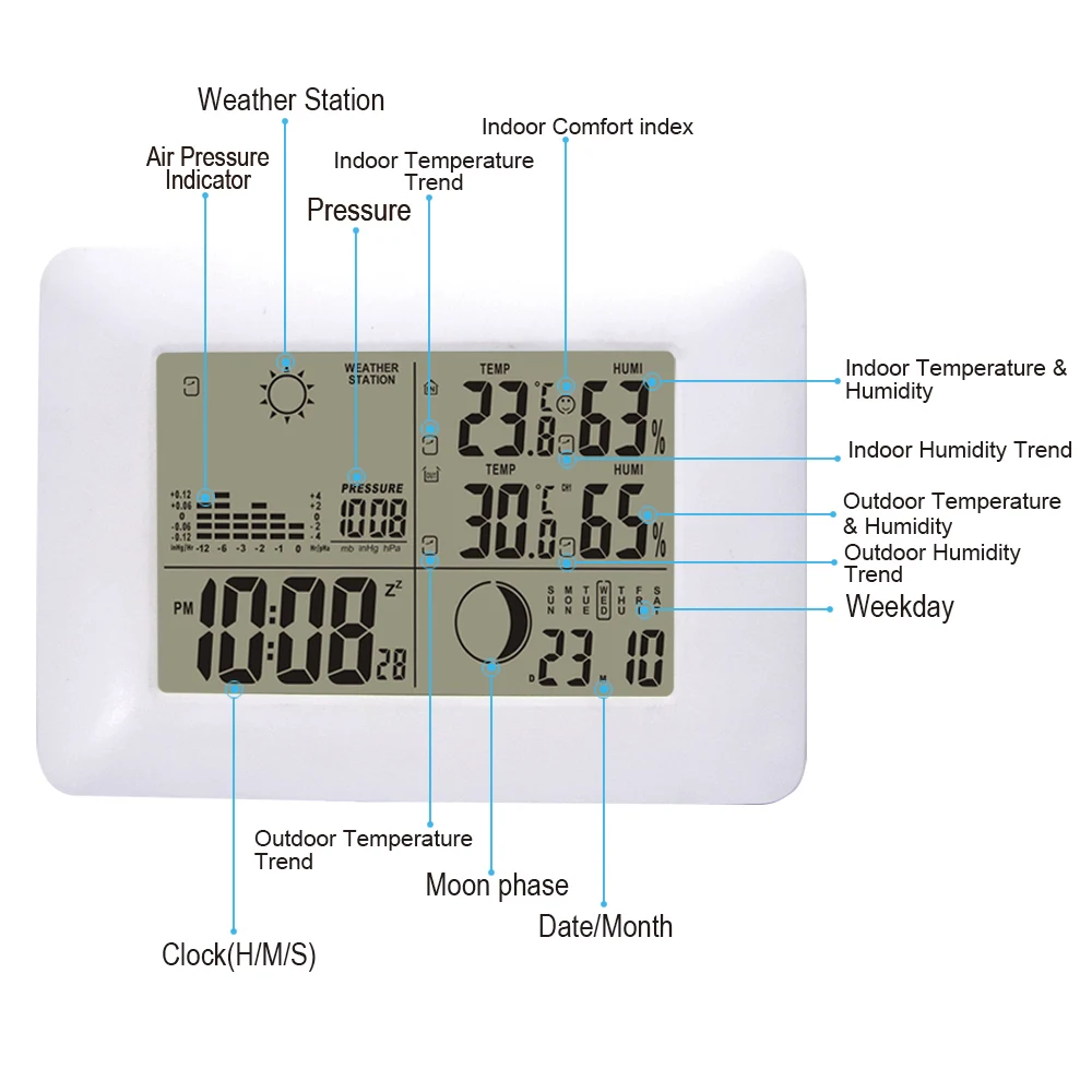 2017 DYKIE белые РЧ цифровые часы Беспроводная метеостанция с синим термометр