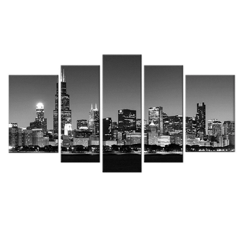 

Black and White Canvas Paintings Chicago City Night View Paintings Modern Wall Art Picture for Home Office Decor