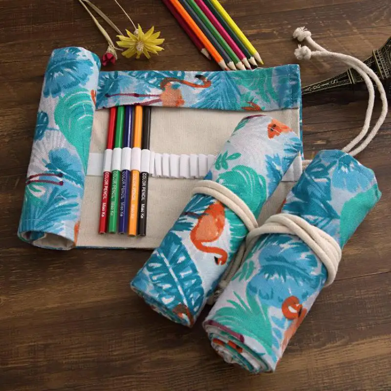 

36/48/72 Flamingo Sketch Canvas Roll Pen Curtain Student Stationery Pencil Bag Cartoon Art Pencilcase School Bags Estojo Escolar
