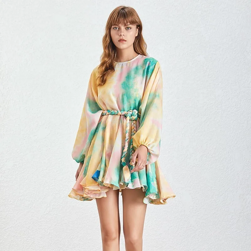 Colorful TWOTWINSTYLE весеннее асимметричное женское платье в стиле пэчворк с круглым вырезом и пышными рукавами, бандажные платья для женщин, Повседневная модная новинка - Цвет: Colorful