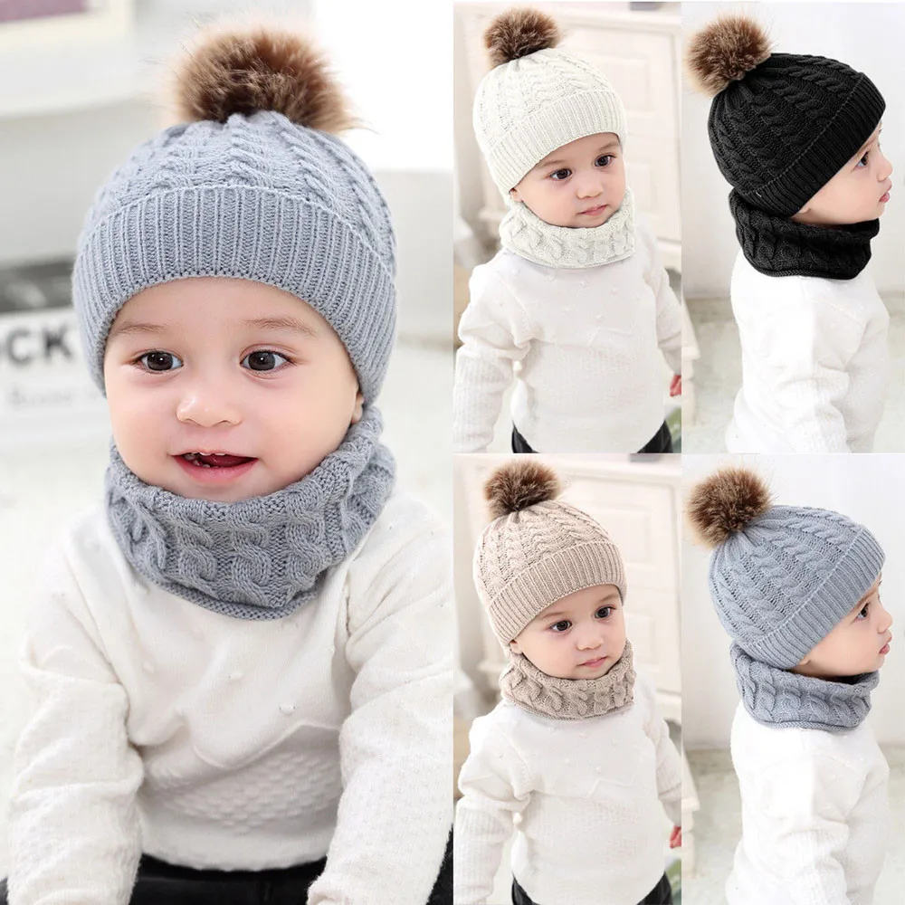 2Pcs infant girl baby winter warm knit hat cap + scarf suit 2019 new children two-piece | Детская одежда и обувь