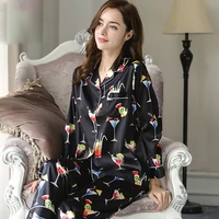 fashion brand real silk pajamas female black printing sleepwear women pure silk long sleeved pyjama pants two piece sets t8007