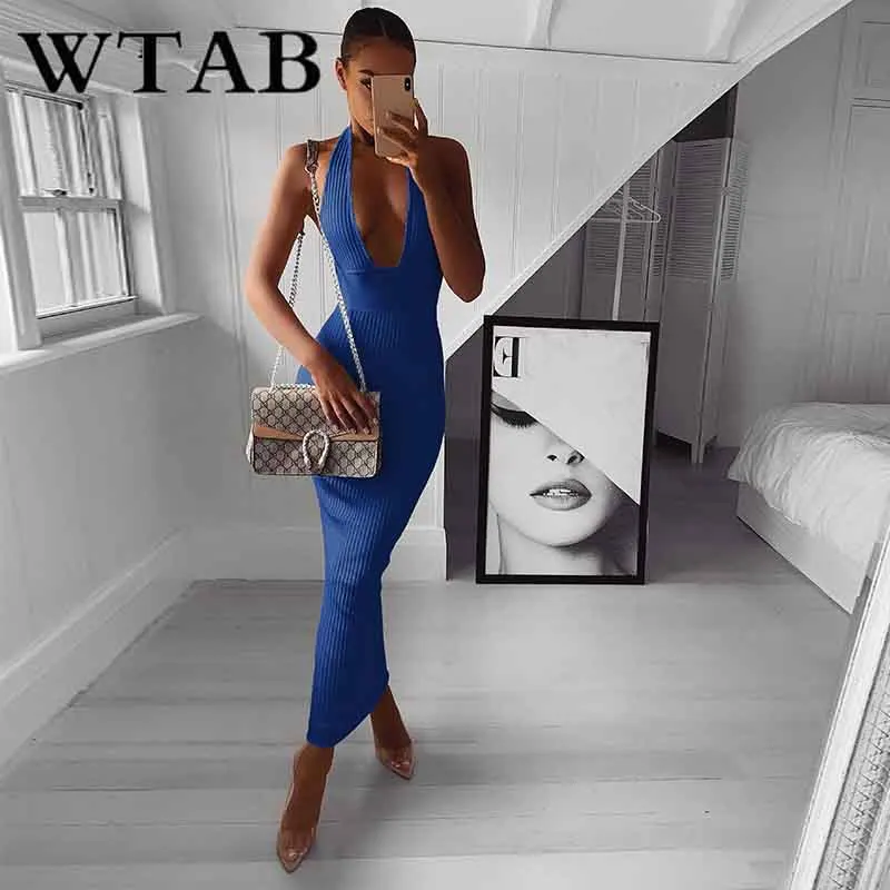 WTAB vestidos Полосатое летнее платье с лямкой на шее женское трикотажное открытой