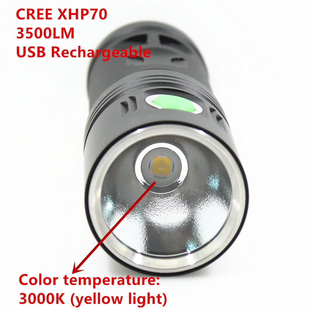 2017 New USB Rechargeable 3500 lumens CREE XHP70 3000K (yellow light) LED torch Flashlight led lamp Using 3*18650 battery | Лампы и