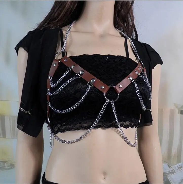 Handmade Punk PU Leather Body Harness Belt O-ring Chain Bra Cage Straps Party Gothic Bandage Tops Sexy Nightclub Outfits | Украшения и