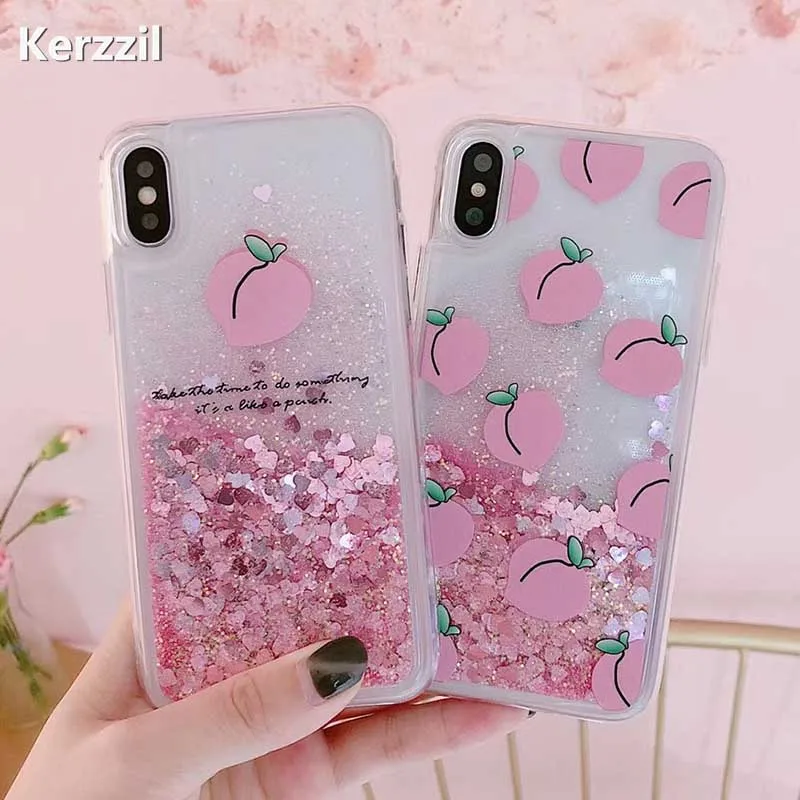 Glitter Liquid Phone Case For iPhone X 8 7 Plus Peach Cute Pink Love Heart 6 6S Hard Back Cover | Мобильные телефоны и