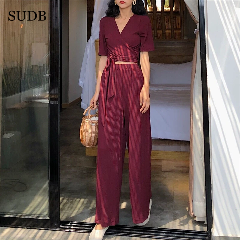 SUDB Two Piece Set Top And Pants Crop Wide Leg 2 Sets Women Tracksuits Outfits Trousers | Женская одежда