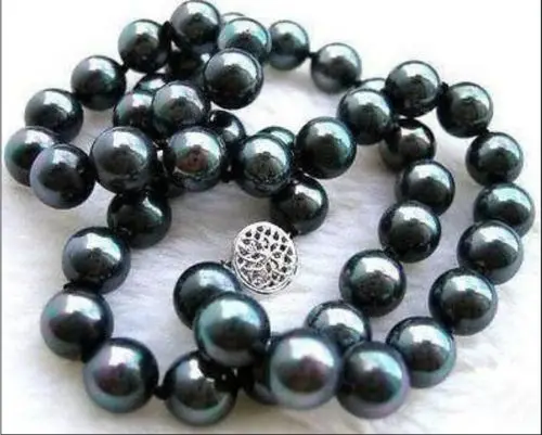 

NEW REAL 10MM BLACK SEA SHELL PEARL NECKLACE 17 inch AAA