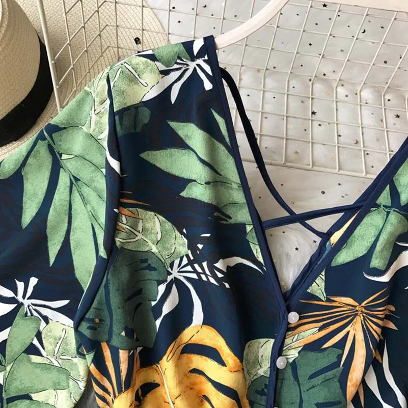 Boho короткий женский комбинезон, пляжный, v-образный вырез, открытая спина, Корейская Сексуальная Шифоновая туника с цветочным принтом размера плюс, летние женские комбинезоны, комбинезоны