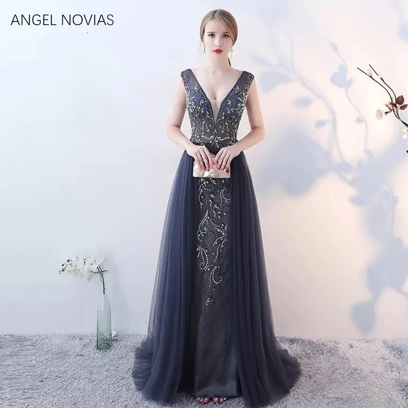 

Real Picture Long Elegant French Women Evening Dresses 2020 New Arrival Sexy V Neck Backless Tulle Formal Prom Dress Party Gown