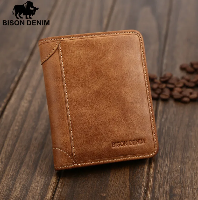 BISON DENIM, винтажные мужские кошельки, натуральная кожа, тонкий бренд, держатель для кредитных карт, кошелек, кошелек - Цвет: Коричневый