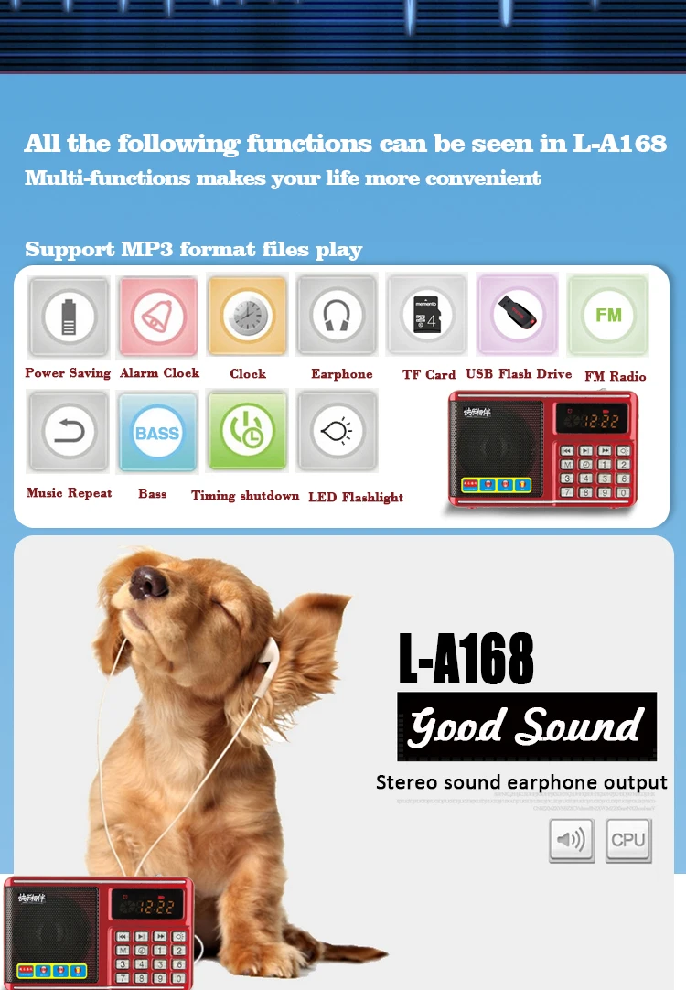 L-A168 MP3 музыкальный будильник динамик Поддержка FM радио micro SD карта USB флеш-накопитель наушники AUX светодиодный фонарик