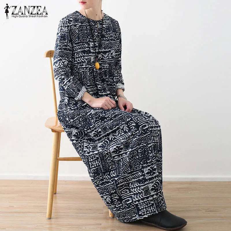 ZANZEA Bohomian, осень, женское хлопковое длинное платье макси с длинным рукавом, Платья с цветочным принтом, с карманами, размера плюс, туника, 5XL