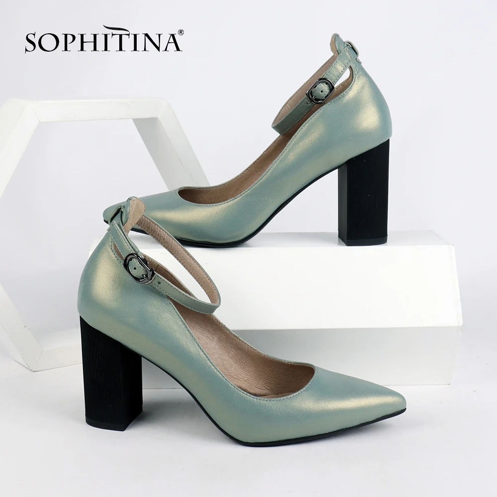 

SOPHITINA Sweet Woman Pumps New Pointed Toe Buckle Strap High Quality Genuine Leather Mature Sexy Shoes Square Heel Pumps PC155