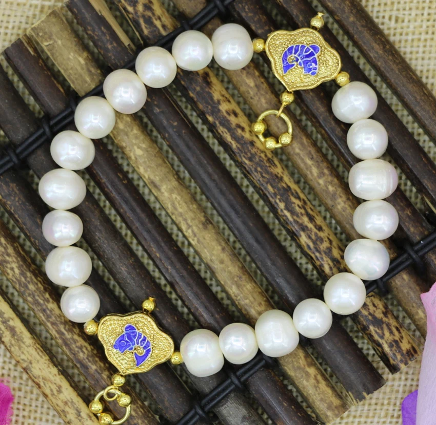 Natural white pearl beads 9-10mm nearround strand bracelet for women fashion gold-color cloisonne spacers jewelry 7.5inch B3099 | Украшения