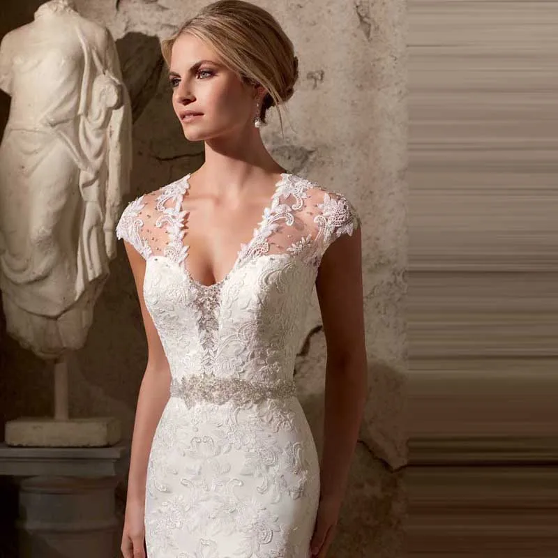 2016 New Elegant V-neck Whole Lace Cap Sleeves Beading and Crystals Bridal Gown Ivory Wedding Dress Vestidos | Свадьбы и торжества