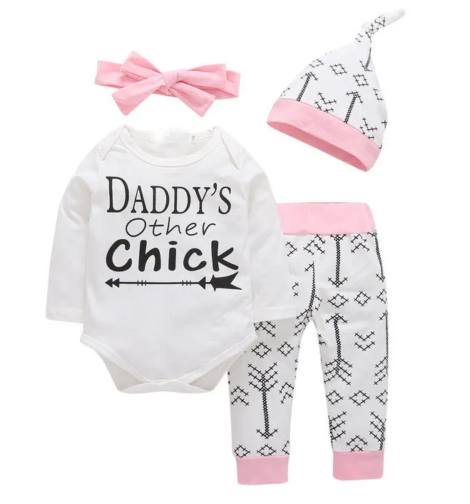 1- 4PCS SETS Комплекты из 4 предметов, Одежда для новорожденных и маленьких девочек, костюм для папы и других цыплят+ штаны с сердечками и стрелками+ шапочка+ повязка на голову, наряд для маленьких девочек - Цвет: 1- 4PCS SETS
