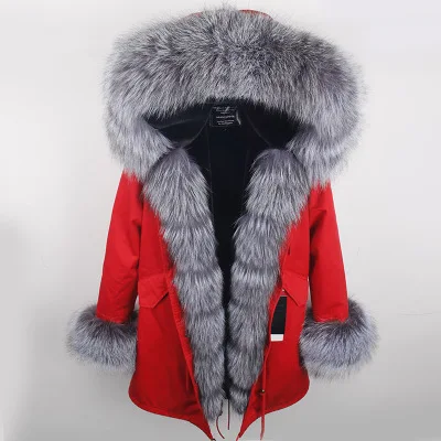 red silver Зимняя женская куртка, длинная парка, пальто из натурального меха, Воротник из натурального Лисьего меха, Толстая теплая уличная одежда, брендовая Роскошная Новая Модная парка - Цвет: red silver