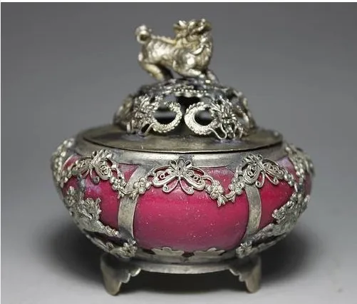 

christmas decorations for home+ Chinese handwork Tibet Silver inlay Jade Red Lion Incense Burner / censer
