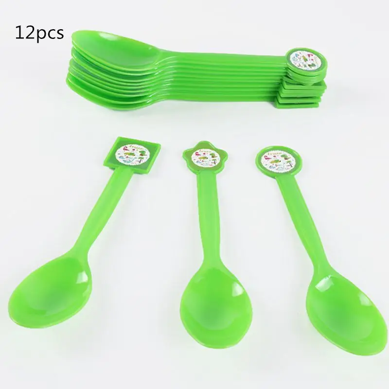 Spoons 12pcs 16 шт./компл. с рисунком динозавра из мультфильма для капкейка-Happy День рождения украшения Дети сувениры динозавр вечерние торт флаг детского дня рождения - Цвет: Spoons 12pcs